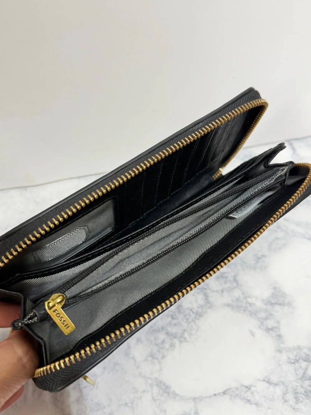 Fossil Liza black white cheetah polkadot fur leather wallet clutch